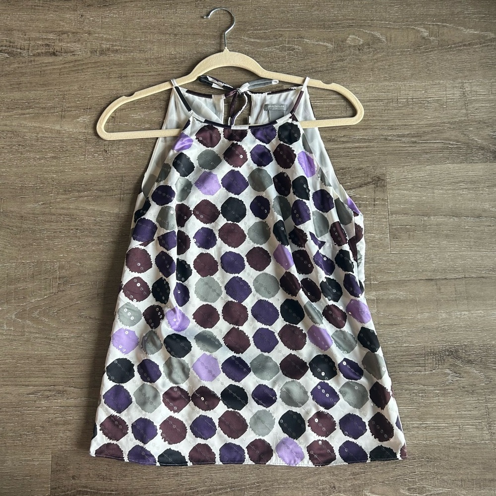 Ann Taylor White Halter Tank with Purple, Black & Gray Polka Dots and sequins